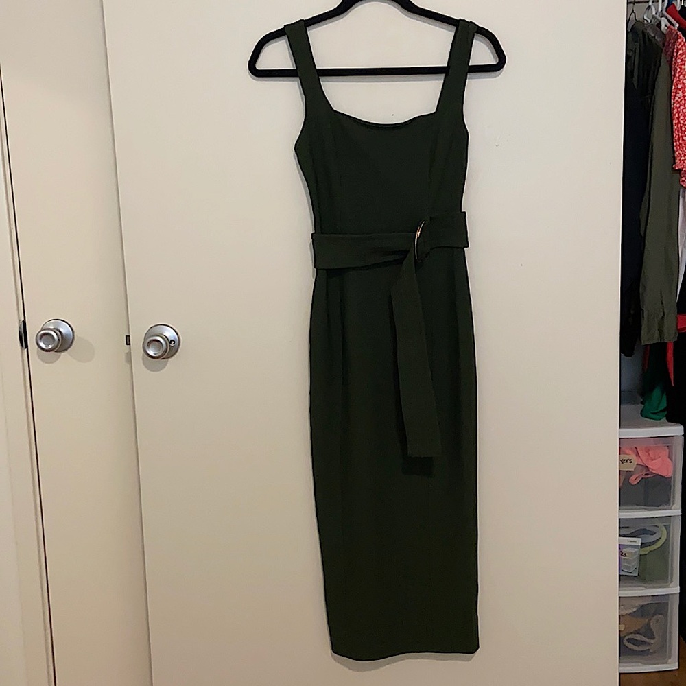 Dark green Shona Joy cocktail dress with belt